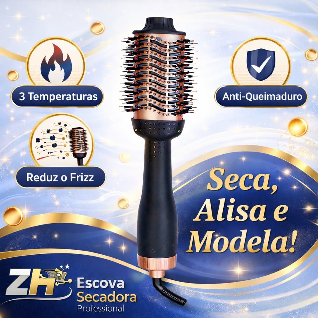 Escova Secadora Profissional Bivolt 1300W 3 Temperaturas Anti Frizz Seca Alisa e Modela Cabelo