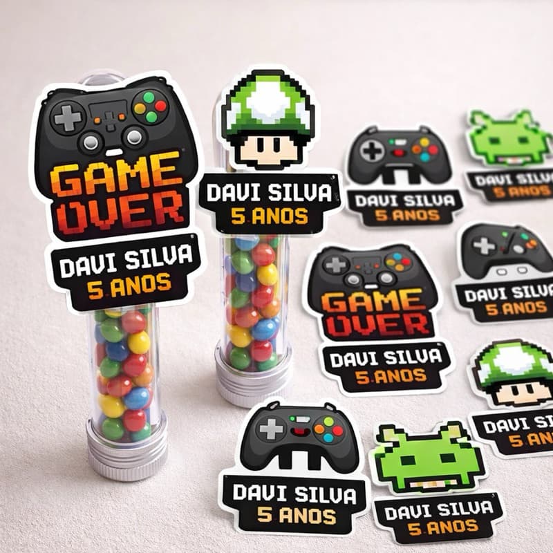 Envio Imediato Aplique para Tubete Game Over Personalizado com Nome | Lembrancinha Festa Gamer Controle Vídeo Game