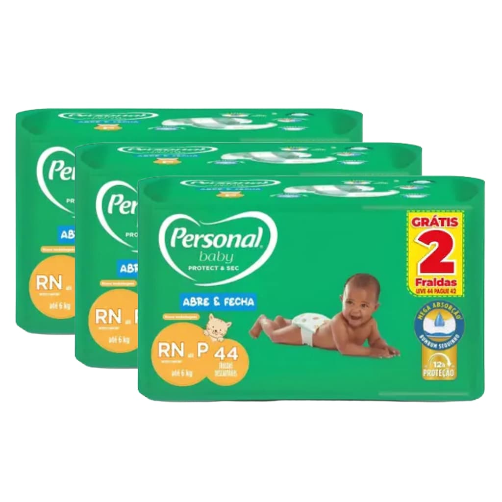 Kit c/ 3 pct. Fralda Personal Baby Protect & Sec P - 3x44un