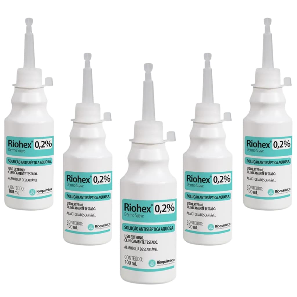Kit 5 Clorexidina Aquosa 0,2% Riohex Rioquímica 100ml Solução Antisséptica