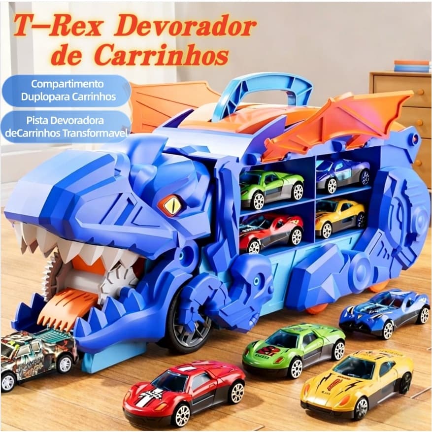 Caminhão Dinossauro T-Rex Engole Carrinhos 4 Carros Metal Transformável Pista Rampa Brinquedo Infantil