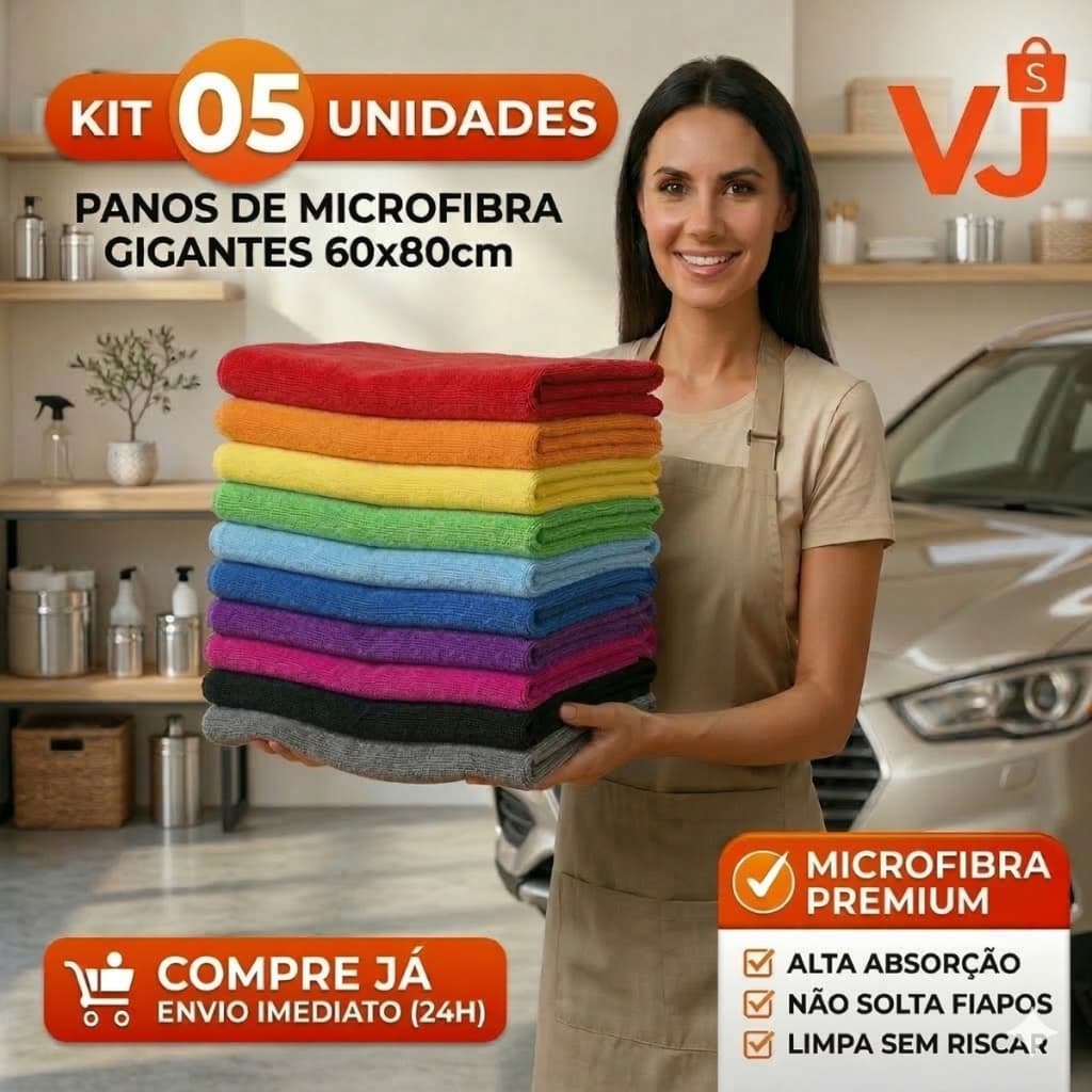 Kit 05 Pano Microfibra 60x80 Chão Carro Estética Automotiva Secagem Alta Absorção