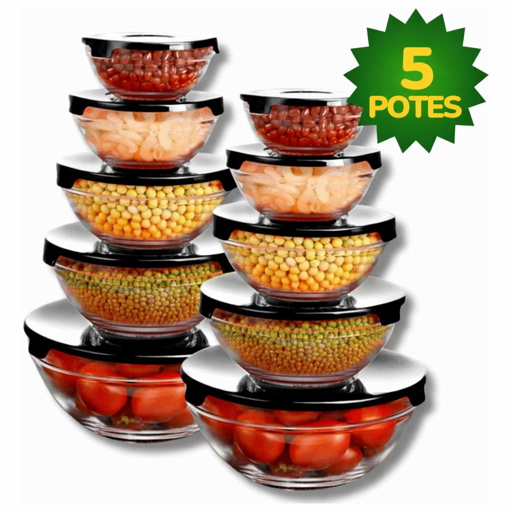 Kit Conjunto 5 Potes Marmitas Peças Vidro Resistente Organizadores Presente Multiuso