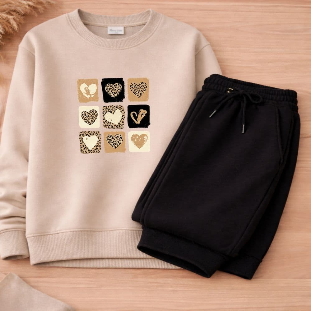 Conjunto moletom juvenil e infantil meninas coração onça blusa de frio e calça moletom premium