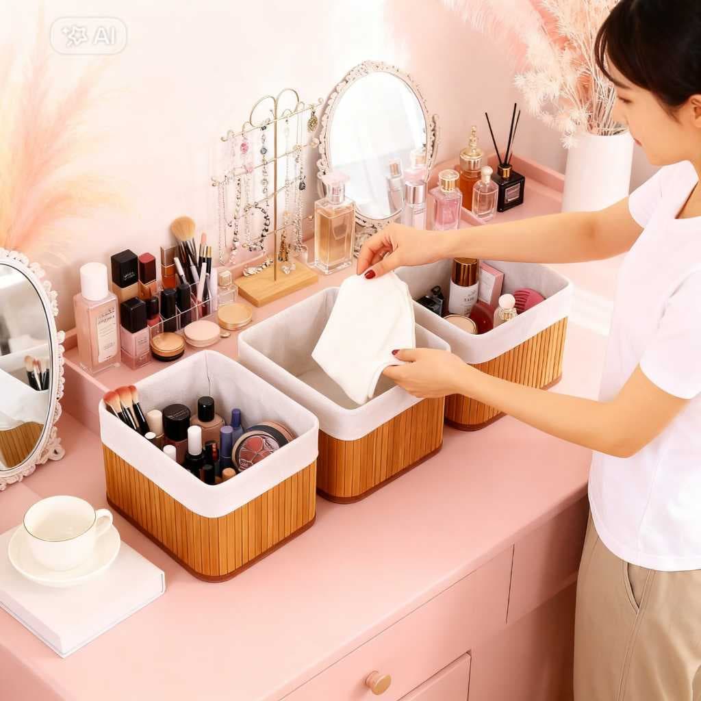 3 Cestos Organizadores de Bambu, Caixa Organizadora Decorativa para Banheiro, Quarto, Maquiagem