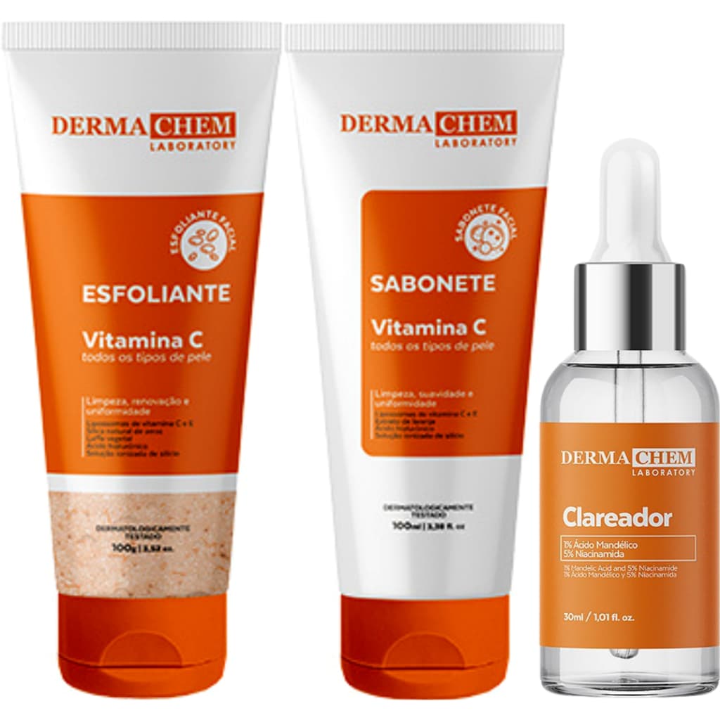 Kit 3 Itens SkinCare Vitamina C Dermachem - Sabonete, Esfoliante,  Sérum Clareador
