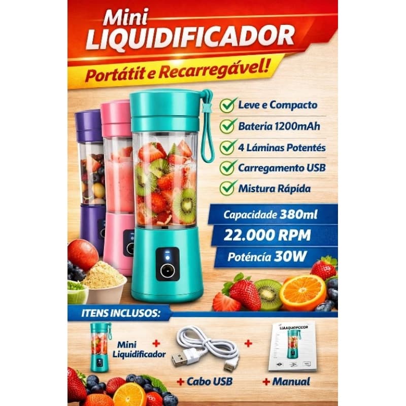 Mini Liquidificador Portátil USB Turbo 380ml Recarregável Bivolt Mixer Potente 4 Lâminas