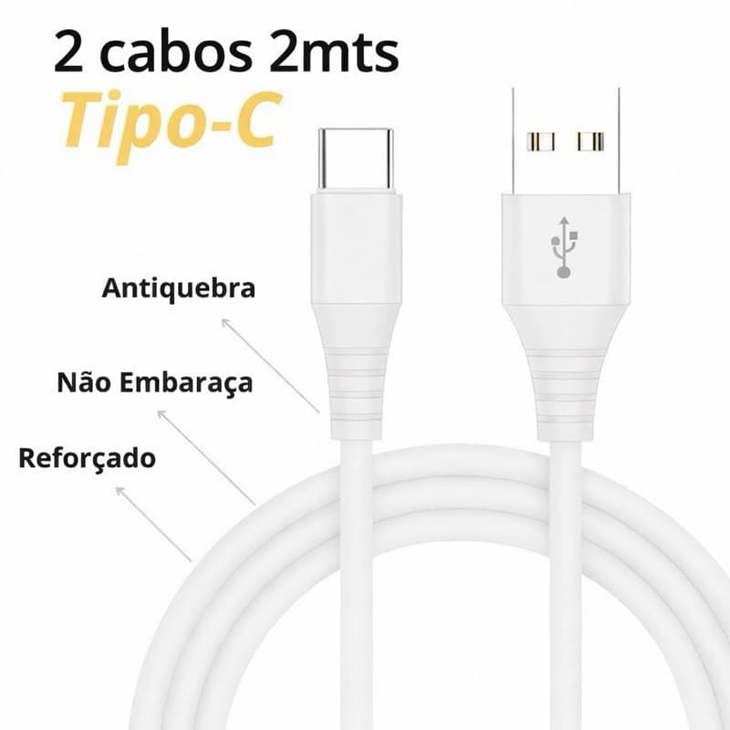 Kit 2x Cabo Tipo C Rápido 2 metros S23 S20Fe A52, A54 A53 M35 Mi 11 Mi14 G75 G86 M21 A31 A50 A51 A70