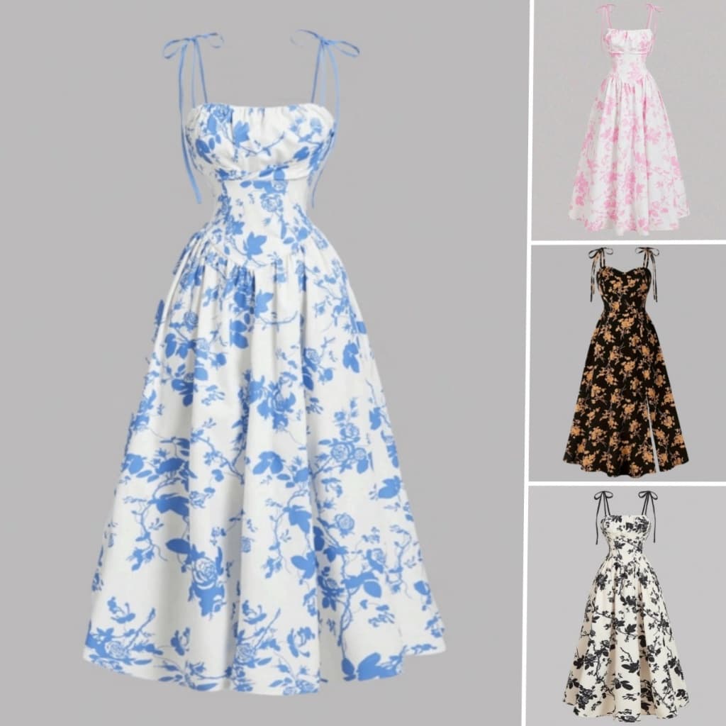 Vestido Feminino Midi Elegante Com Romântico Floral Estampa Para Sem Mangas Mulheres