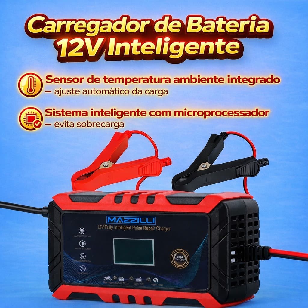 Carregador de Bateria 12V Inteligente Mazzilli Carrega Carro e Moto,LCD, 15AH a 100AH