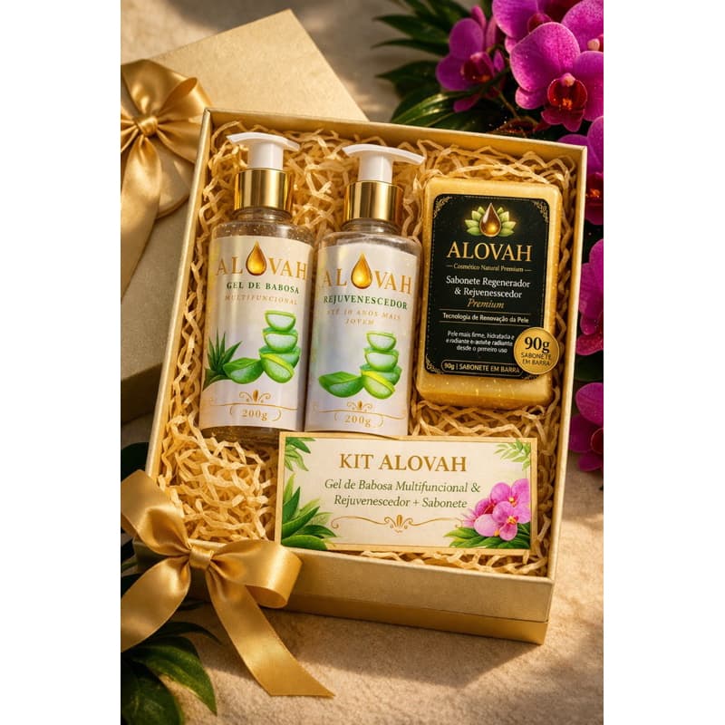 Kit Alovah Skincare Completo 3 Produtos – Gel de Babosa + Rejuvenescedor + Sabonete 90g | Anti-idade, Clareador, Hidrata