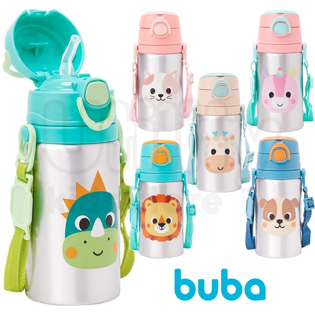 Garrafinha De Alumínio Com Canudo Buba Animal Fun Garrafa