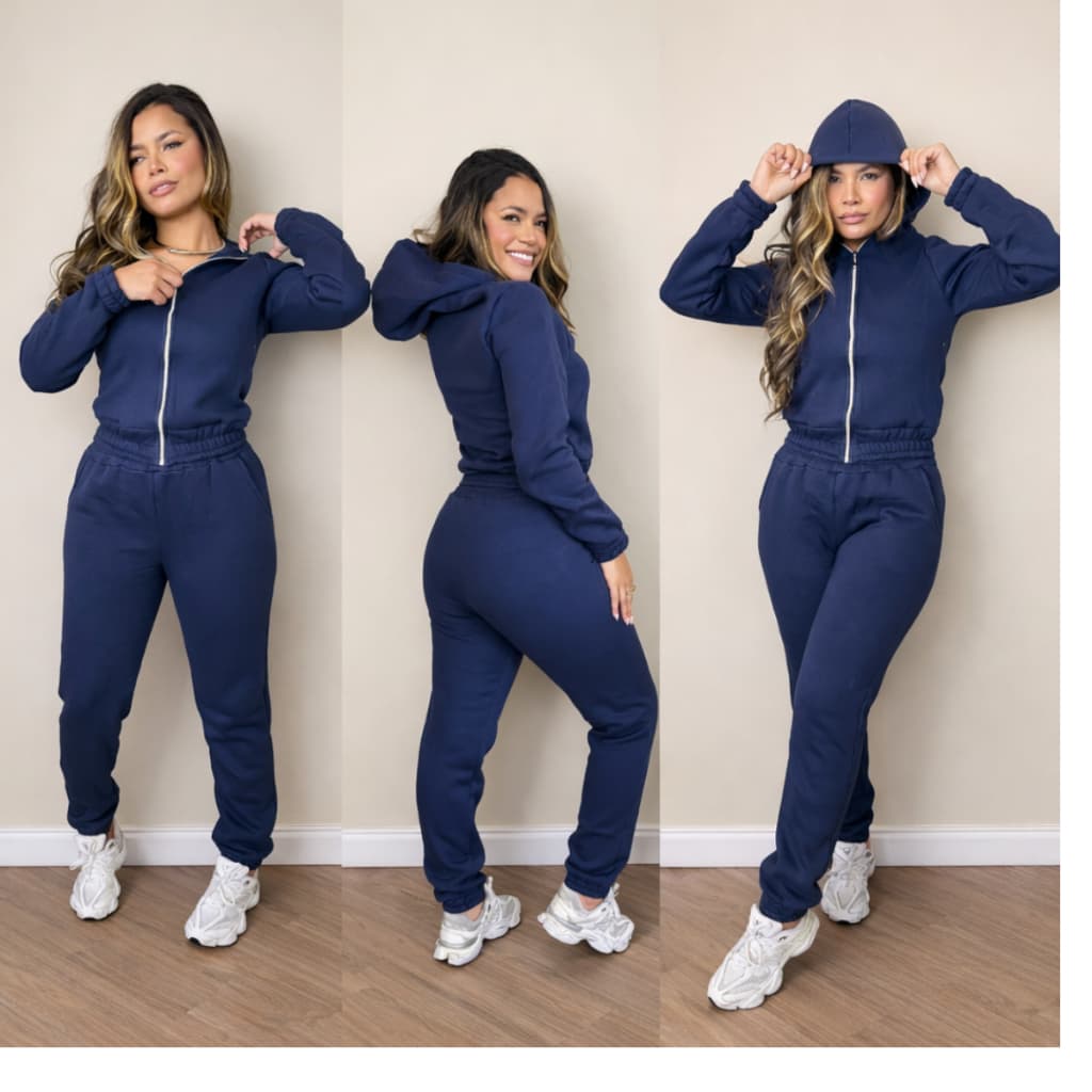 Conjunto Moletom Feminino Flanelado Zíper  Capuz Jaqueta Casaco  + Calça Moletom