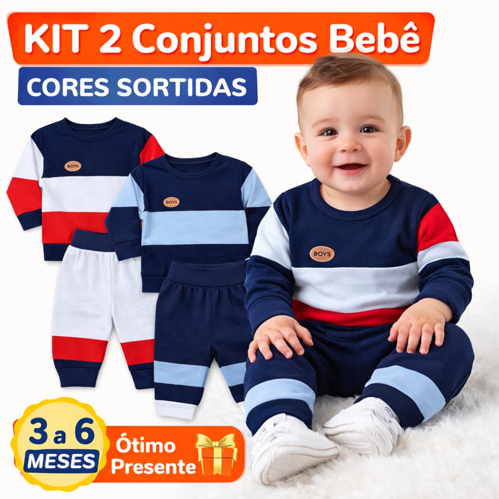Kit 2 Conjuntos Bebê Masculino Inverno Moletom Roupa Infantil Cores Sortidas 3-6 Meses