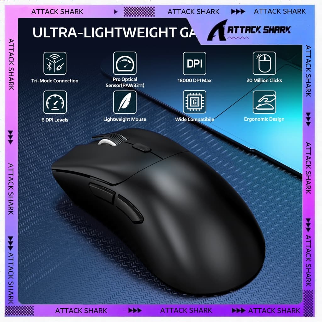 Mouse Gamer Sem Fio Bluetooth Rato ATTACK SHARK R1 com 18000 DPI