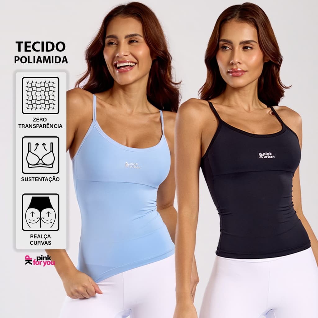 Kit 2 Regata Feminina Fitness Premium Alça Fina Poliamida Academia Forro Duplo Blusinha Verão