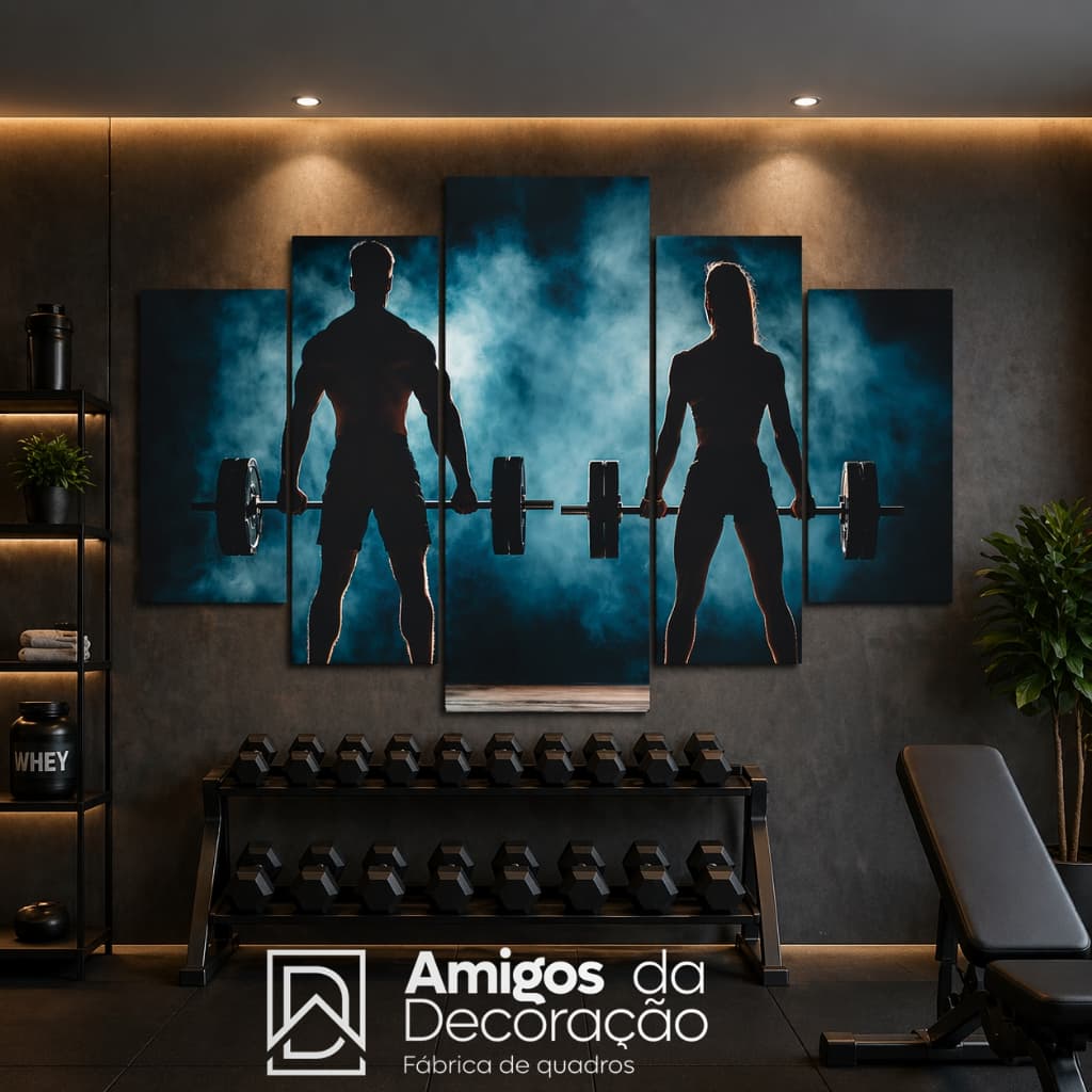 Kit 5 Peças Mosaico Musculação Quadro Decorativo Academia Fitness  Casal Treino LED Parede MDF Moderno Sala Quarto Sala