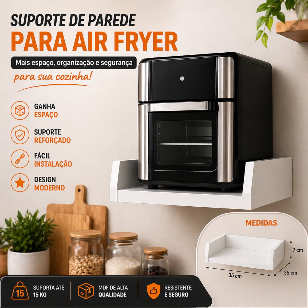 Suporte de Parede para Air Fryer 35x35cm Branco MDF Reforçado – Prateleira Suspensa Cozinha