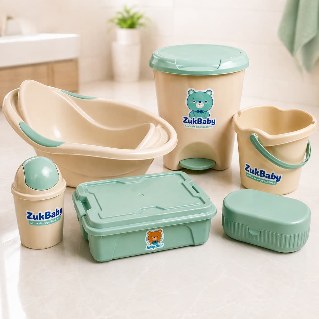 Kit Para Banho Quarto Bebê Baby Menino Menina Banheira Saboneteira Organizador Baldinho E Lixeiras Verde