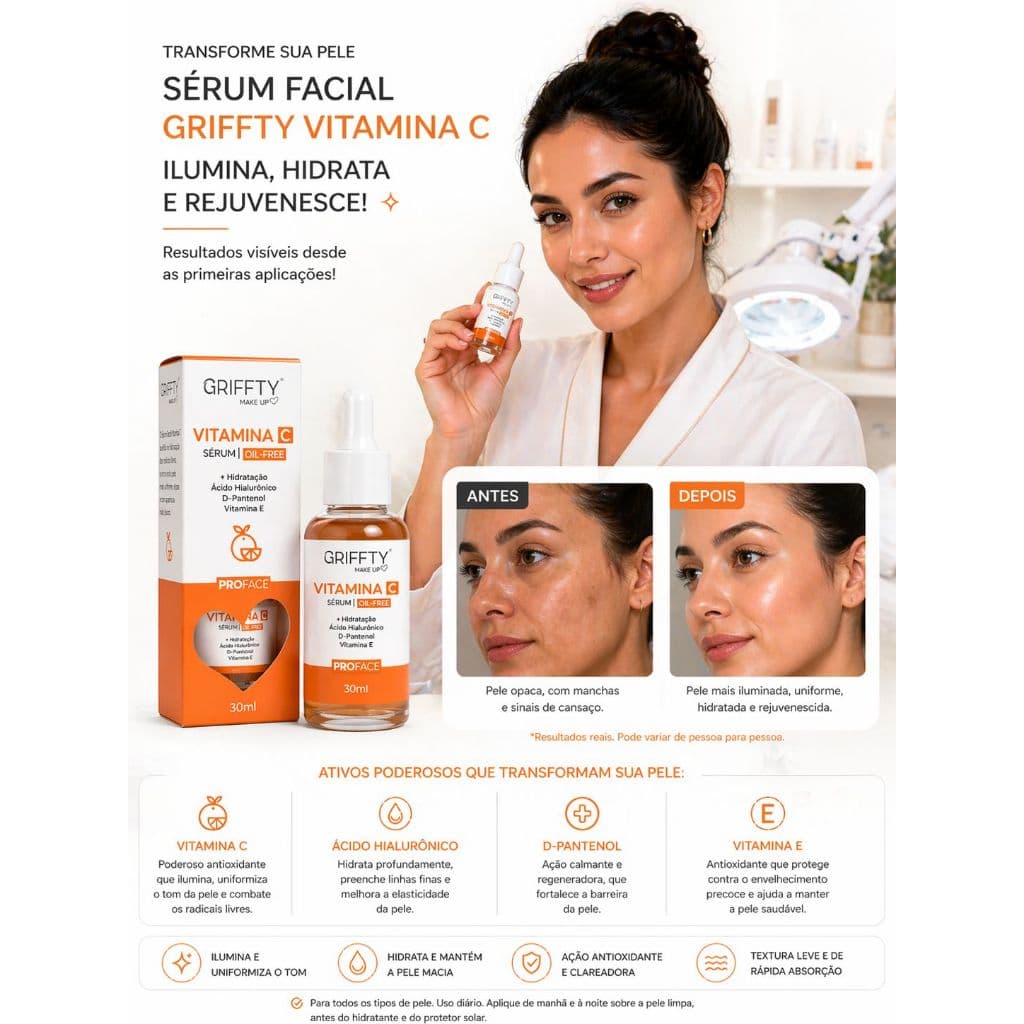 SÉRUM VITAMINA C GRIFFTY ORIGINAL 10 EM 1 – PELE PERFEITA IMEDIATA | CLAREADOR FACIAL + ANTIIDADE + ÁCIDO HIALURÔNICO