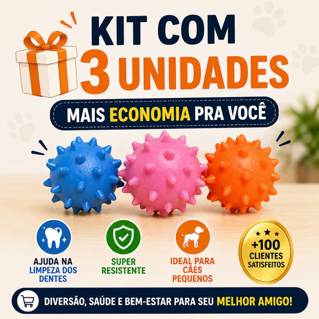 Brinquedo para Cachorro Anti Ansiedade + Limpeza Dental | Bola Cravo Resistente Kit 3 unidades