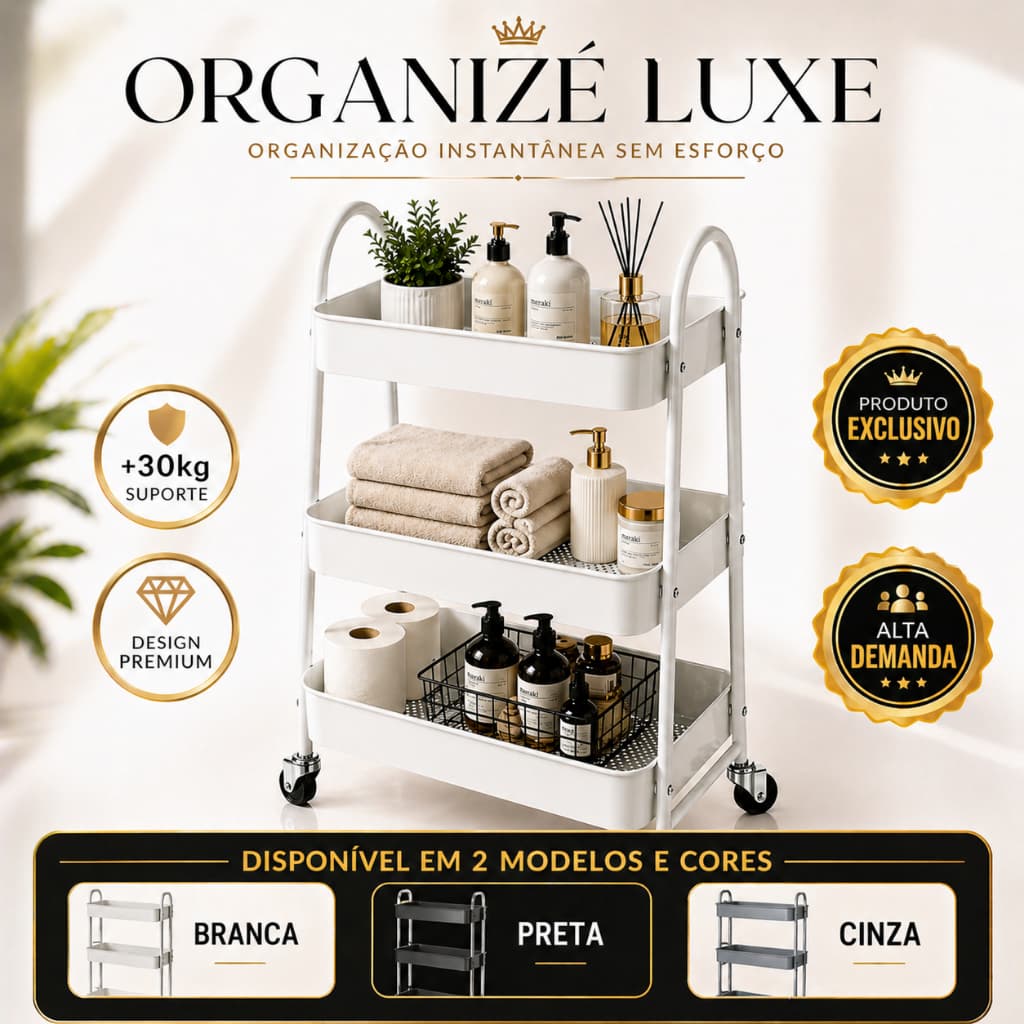 Prateleira Multiuso 3 Andares com Rodínhas Branca Organizador Metal Cozinha Banheiro Lavanderia casa