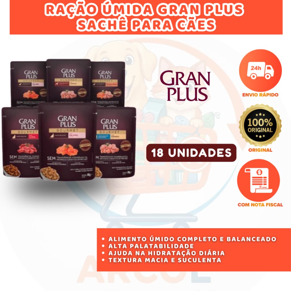 GRAN PLUS SACHÊ PARA CÃES CAIXA COM 18 UNIDADES DE 100G NUTRIÇÃO COMPLETA DIÁRIA