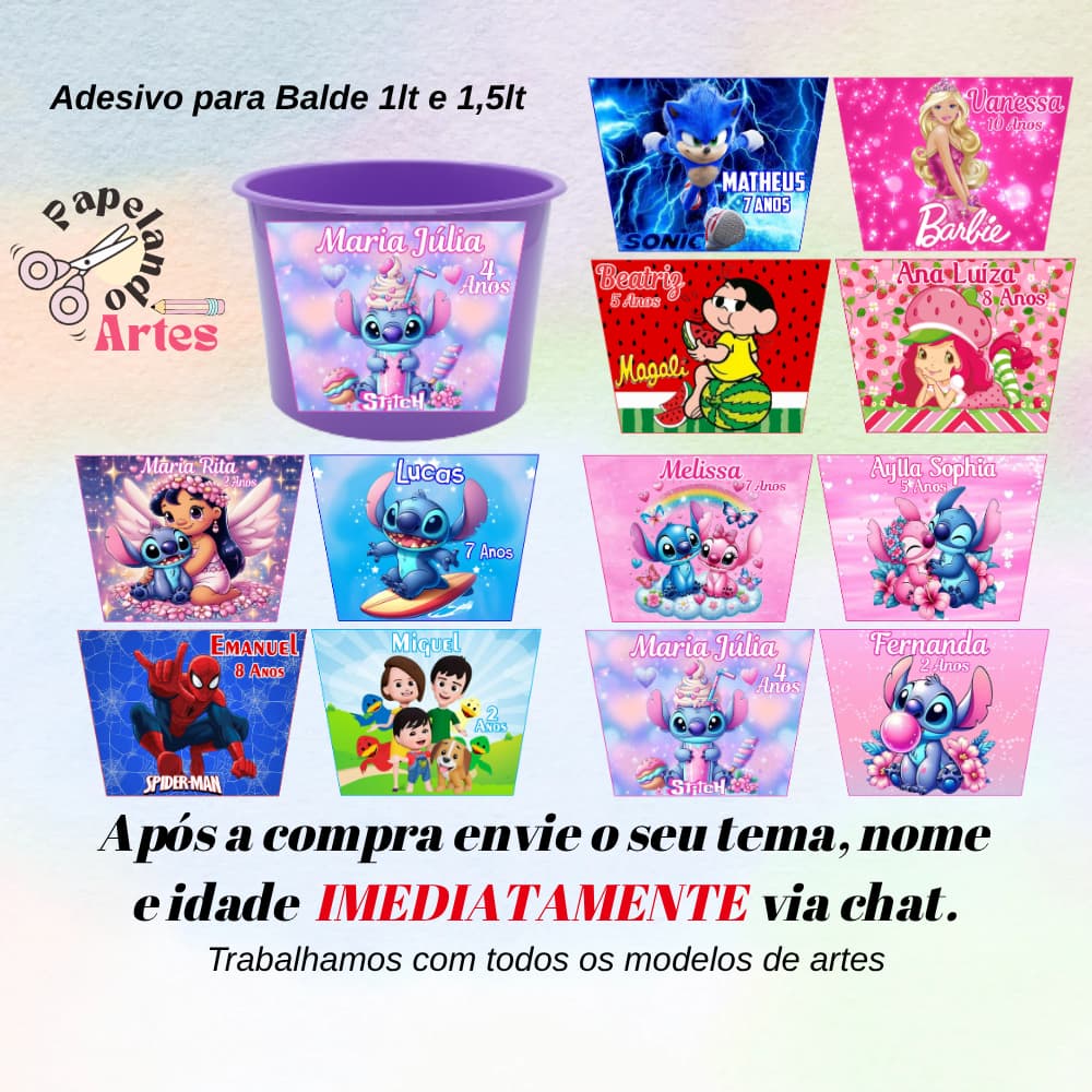 Adesivos para balde de Pipoca de 1Litro e 1,5 litros 13,8x10 S/RECORTE (Envio Rápido)Todos os temas