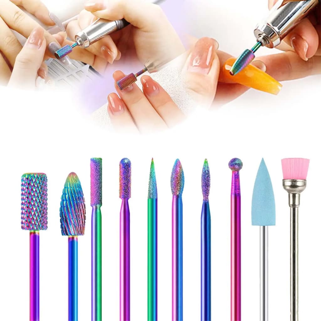 Kit 10 Brocas Tungstênio Diamantada + Caixa Suporte Broca Unhas Gel Fibra Alongamento Lixa Manicure