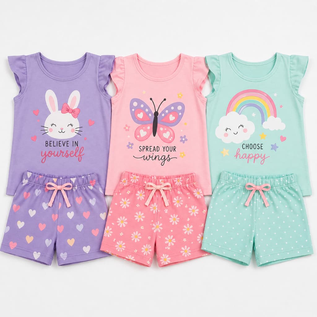 Kit 2 ou 6 peças Roupa Infantil Verão Menina Conjunto Infantil Manga Curta e Shorts de Menina Bebê Sortidos