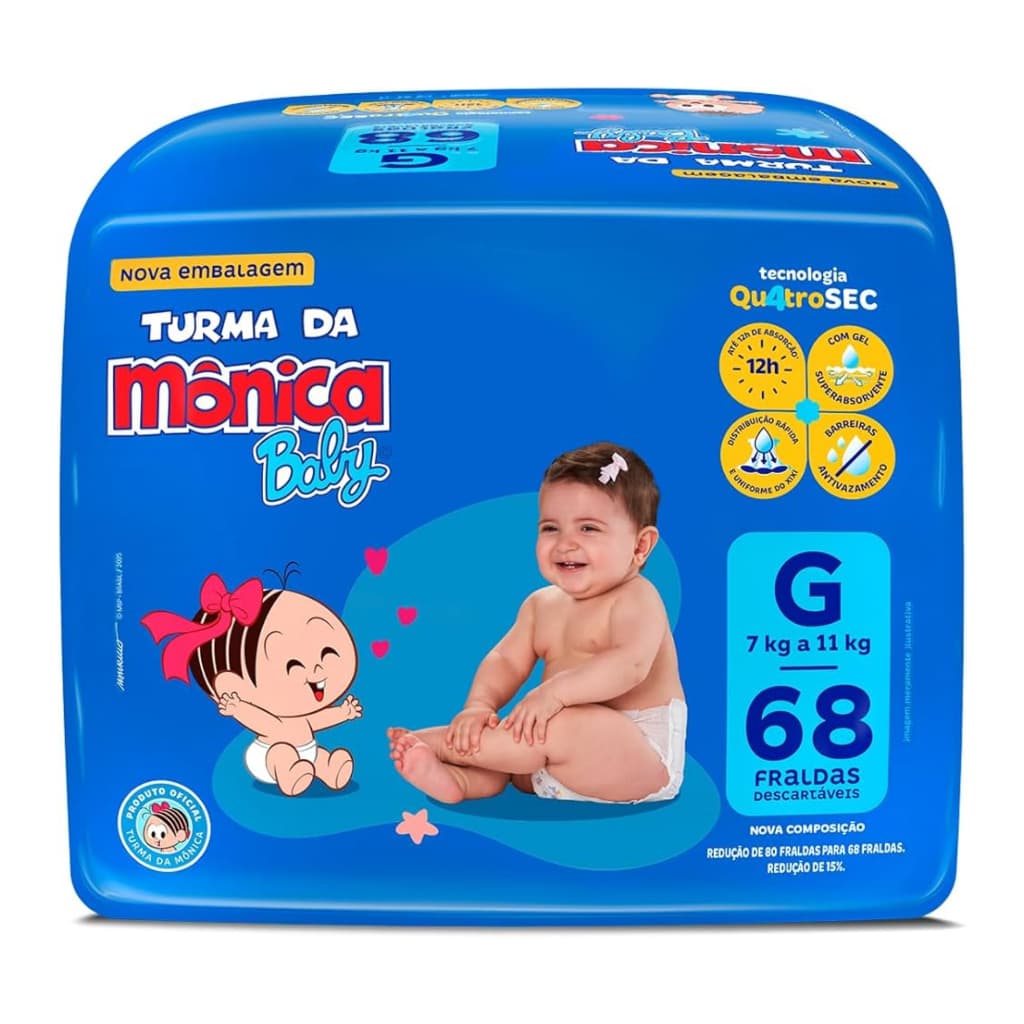 Fralda Descartável Turma da Mônica Bag Tamanho G - 68 Unidades
