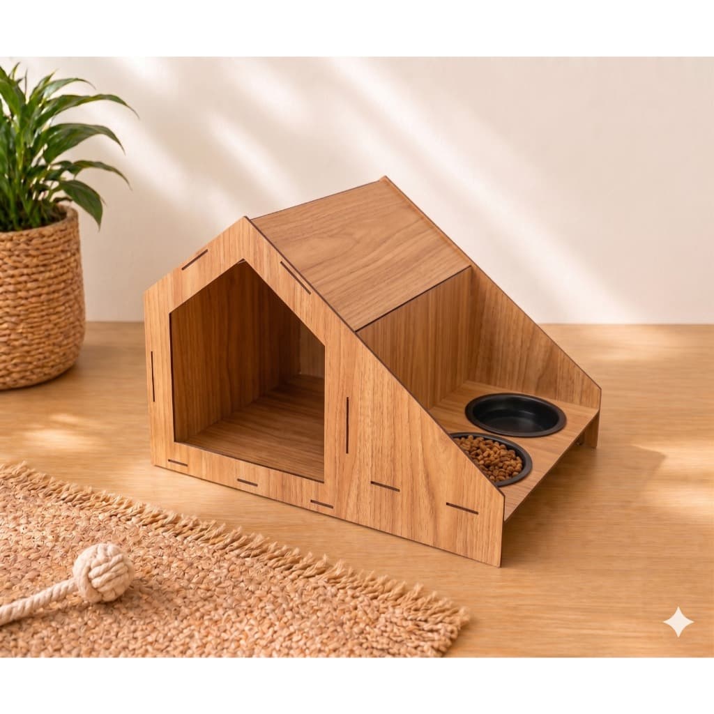 Casinha Para Cachorro Gato  Com Comedouro e Bebedouro Elevado Quarto Sala Em Madeira MDF