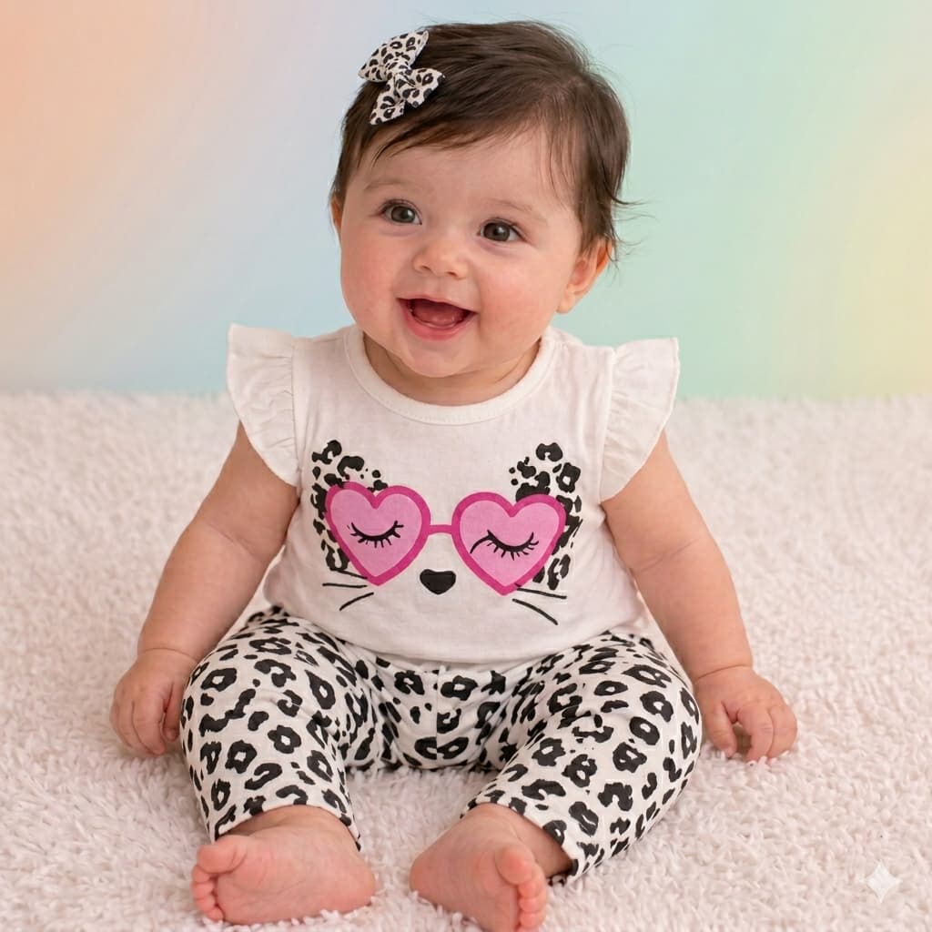 Conjunto Roupa de Bebê Menina Gatinha - Blusa Babado + Calça  Look Blogueirinha RN 0 a 3- meses