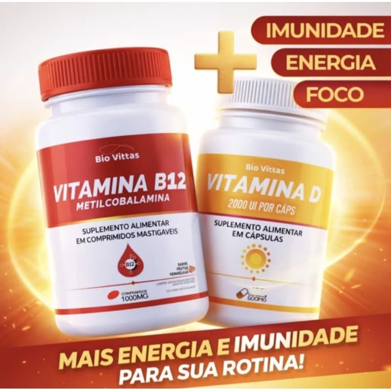 Vitamina D3 2000UI + B12 Metilcobalamina — imunidade, energia e disposição — para adultos — sem glúten