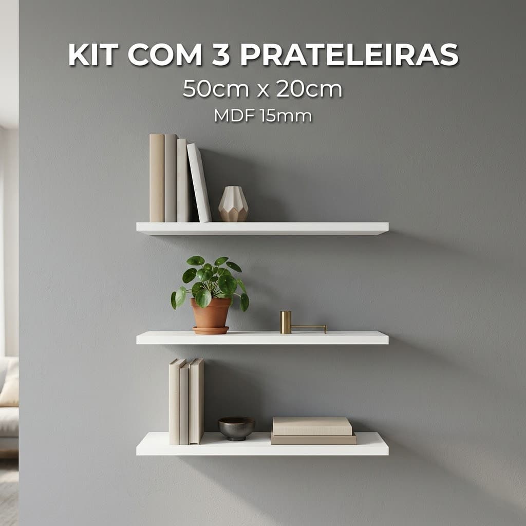 Prateleira de Parede 50x20cm Branca MDF 15mm com Suporte Invisível Premium