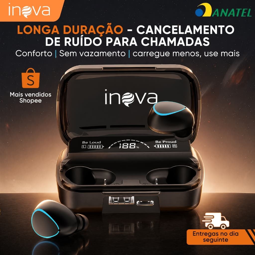 INOVA Fone Bluetooth 5.4 Baixa Latência 50h Bateria ENC Driver 13mm Áudio Premium Ergonômico