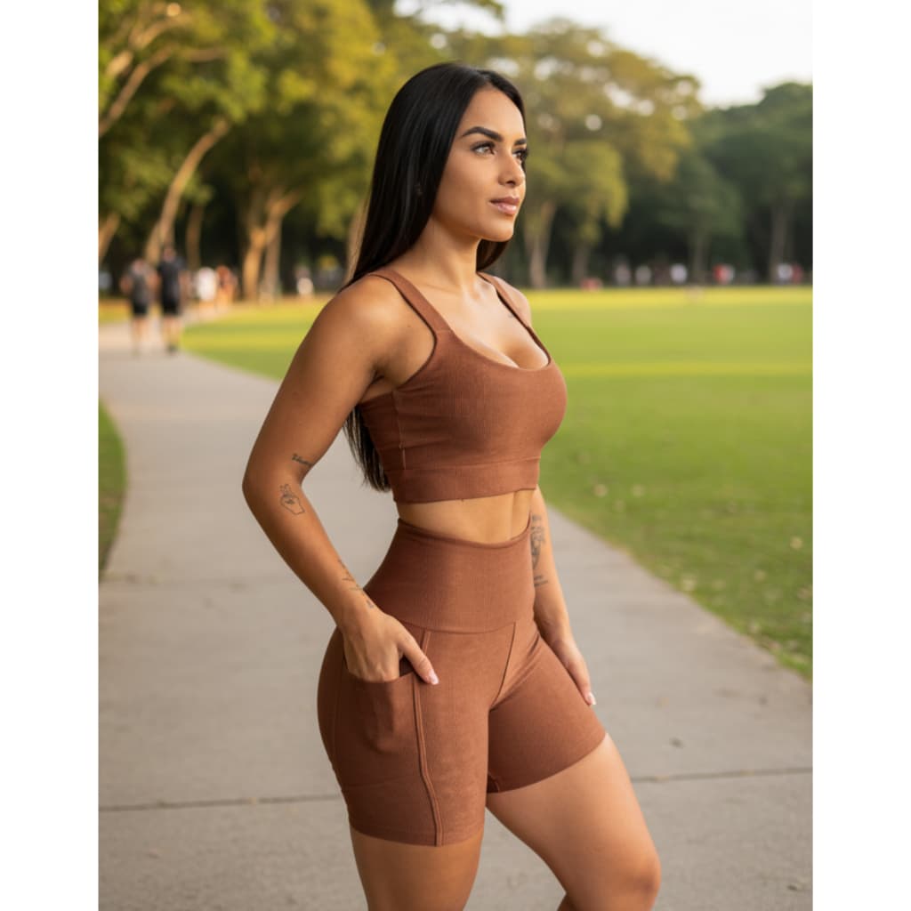 Kit Conjunto Canelado Top de Academia e Short com Bolso Para Corrida Roupa Fitness Topper Feminino Legging Feminina Alta