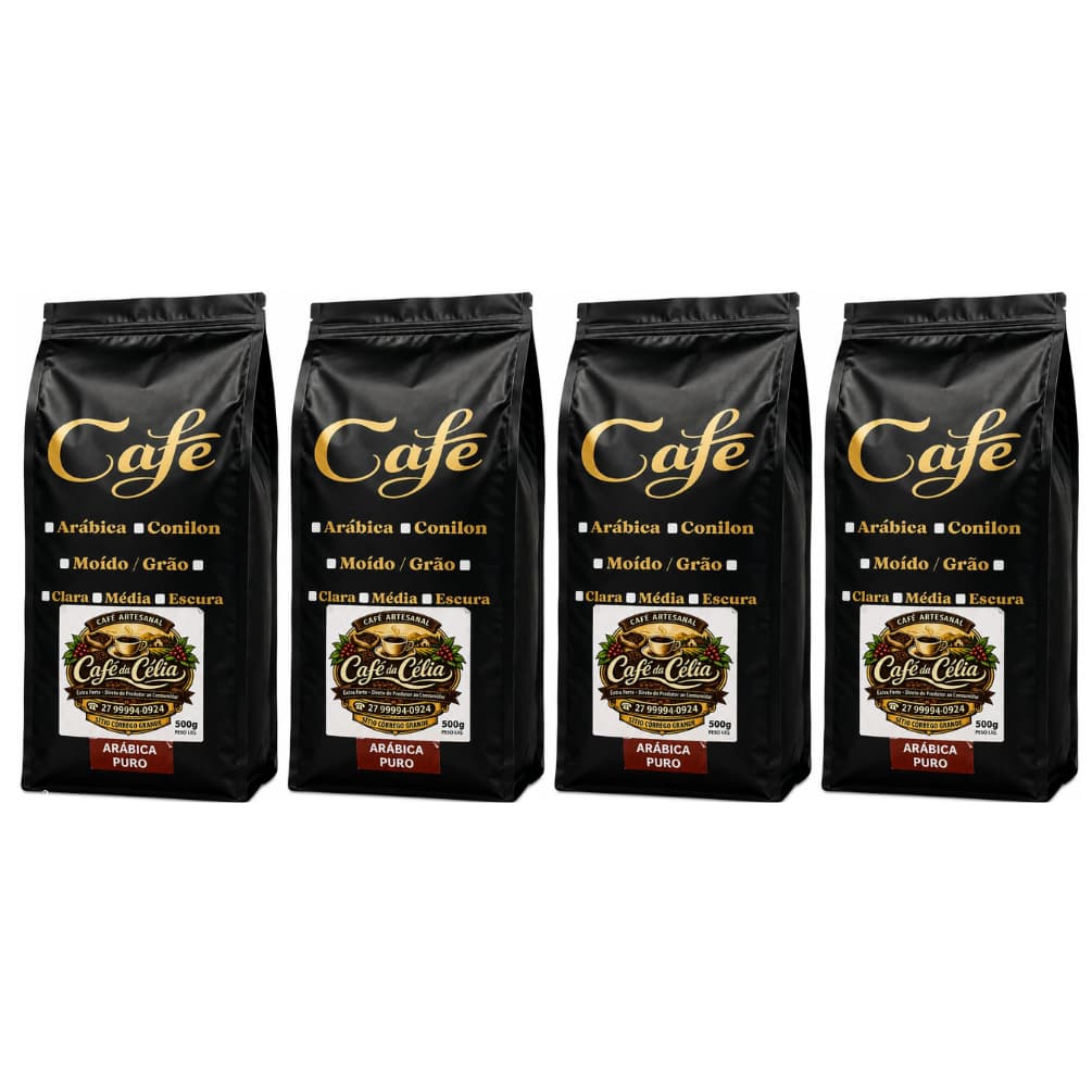 Kit C/ 4 un Café Artesanal 100% Arábica em Grãos - Café da Célia 500g - Sabor Intenso
