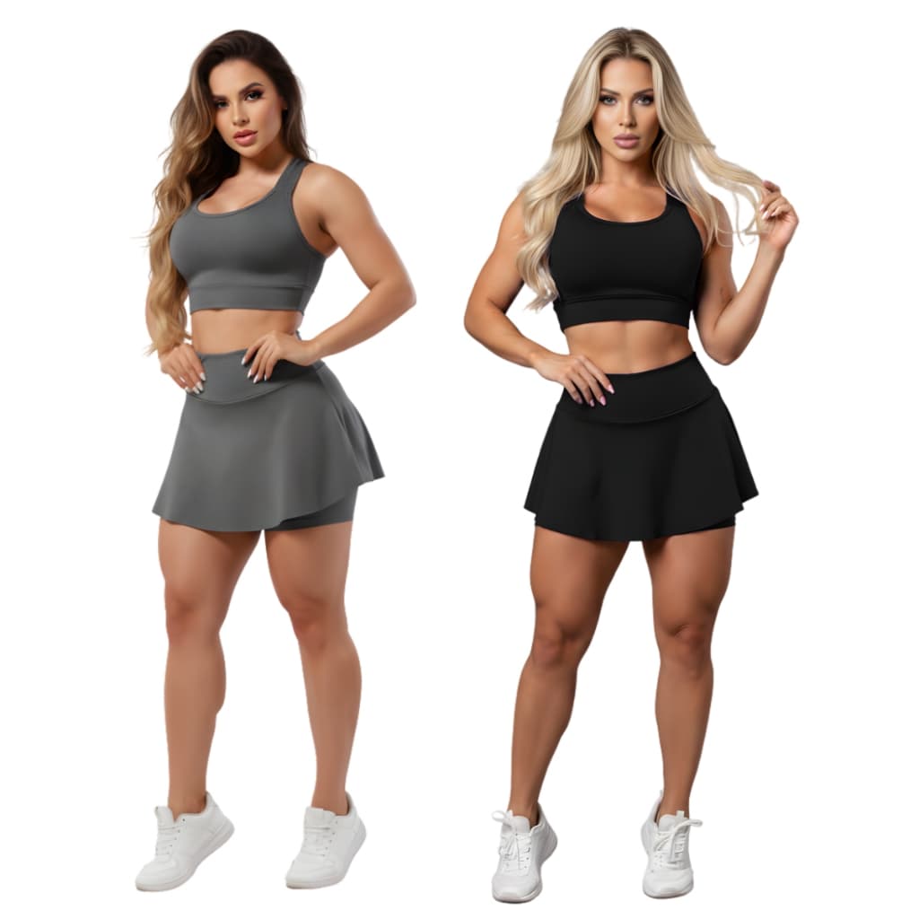 Kit 2 Conjuntos Short Saia Rodado e Top Fitness Feminino Roupas Para Academia Beach Tenis Yoga A16