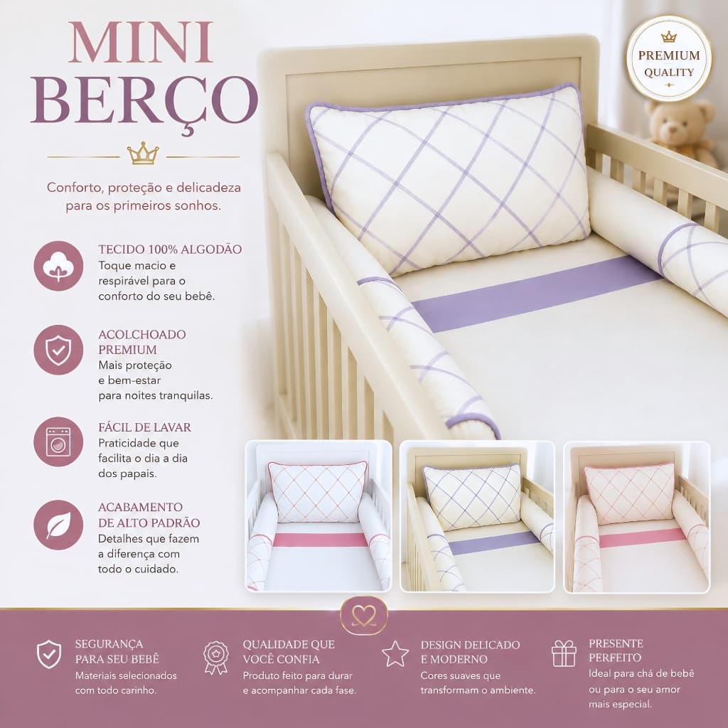 Mini Kit Berço LePetit Algodão 8 Peças Menina Menino Bordado Luxo C/ Lençol Elástico Véu Mosquiteiro