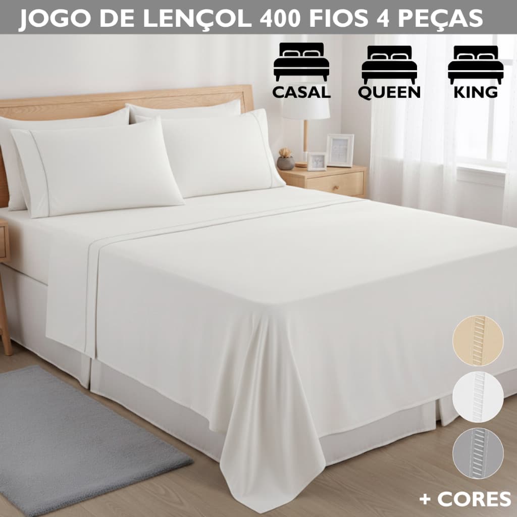 Kit Jogo de Lençol 400 Fios Solteiro Casal Queen e King Ponto Palito Roupa de Cama Box Premium