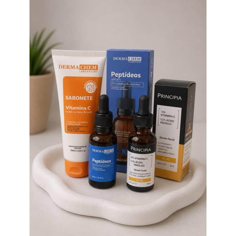 Kit Completo Skincare Facial Vitamina C + Peptídeos Anti-Idade + Sérum VC-10