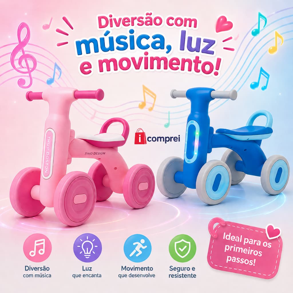 Bicicleta de Equilíbrio Infantil Sem Pedal Andador 4 Rodas Bebê Criança Brinquedo Musical Som E Luz