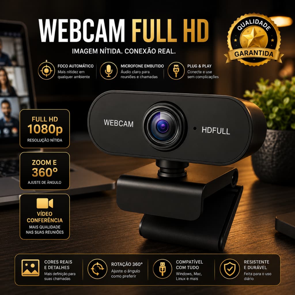 Webcam Full HD 1080p 360 Graus Zoom Videoconferência Reuniões Online Home Office Microfone Embutido