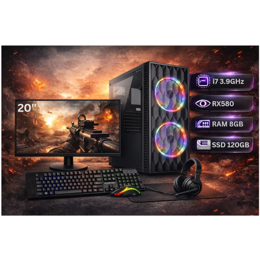 Computador Gamer Intel Core i7 + RX580 8GB + SSD 120GB + 8GB de RAM + Monitor 20"