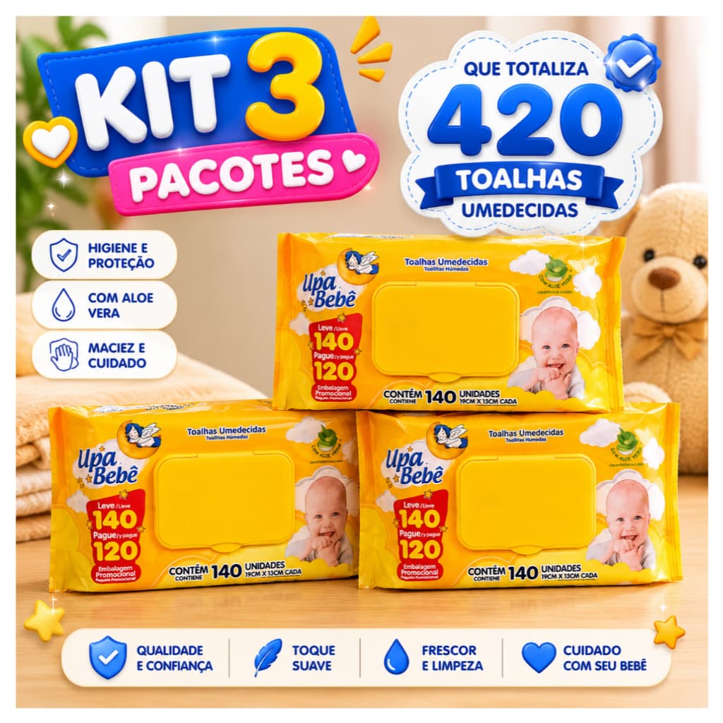 Kit 3 Pacotes Lenços Umedecidos Upa Bebê Aloe Vera Sem Álcool Higiene Infantil 420 Unidades Toalhas Macias - Econômicos