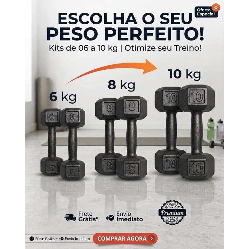 Par de Halter Sextavado 6kg a 10kg Pintado Musculação Academia Treino em Casa Fitness