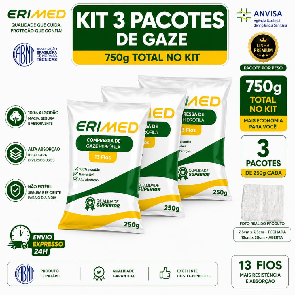 Kit 3 Compressa De Gaze 13 Fios 250 Gramas Premium Erimed Hidrófila Gazes Cirúrgica Descartável 750g