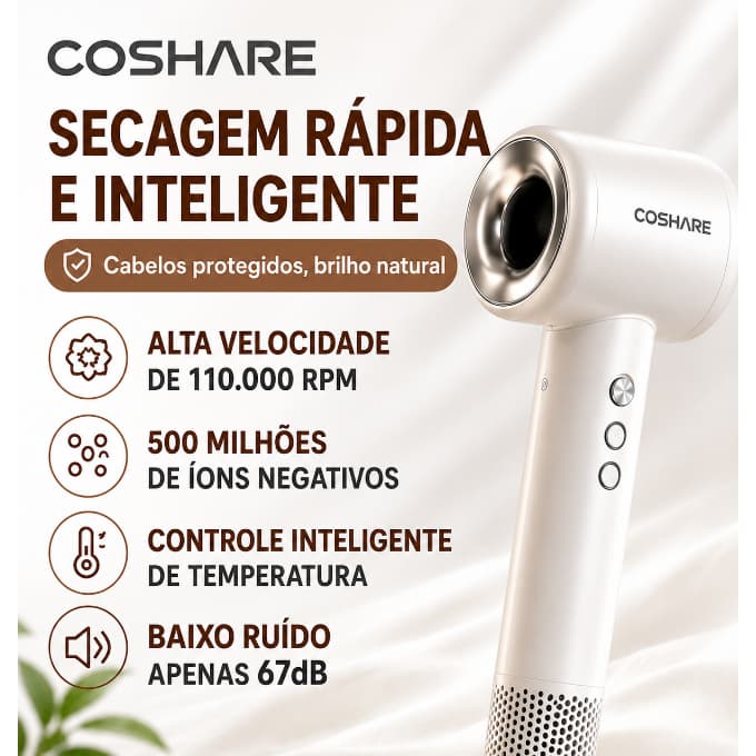 Secador Profissional COSHARE 110.000 RPM Alta Velocidade 300 Milhões de Íons Negativos 370g 127V Branco