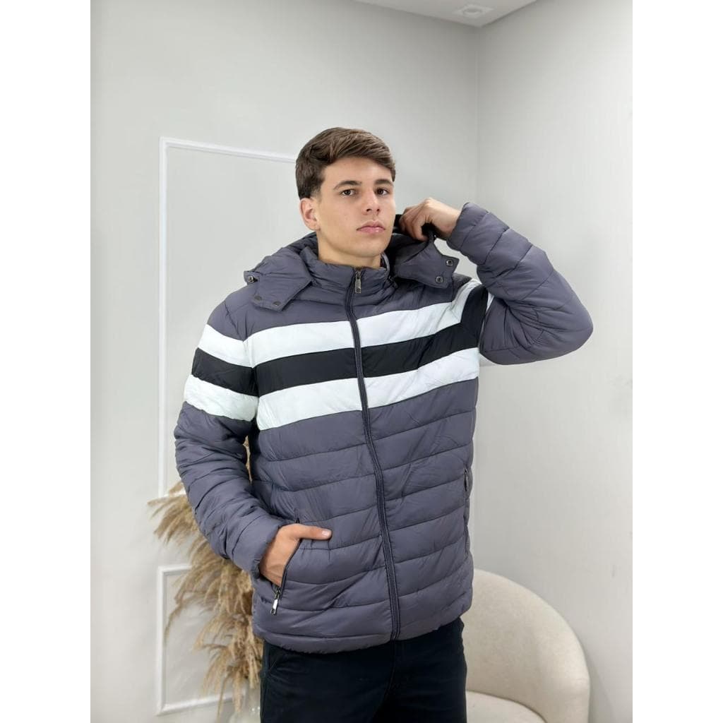 Jaqueta Bobojaco Masculina Peluciada com Capuz Removível e Listras Inverno Premium BR-LY013